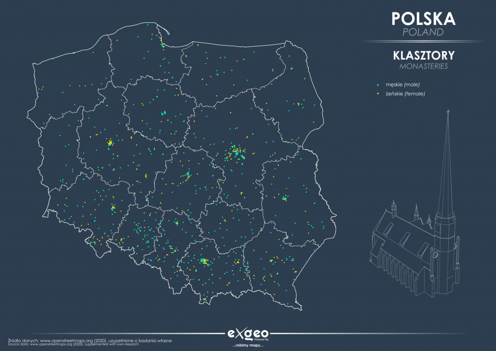 mapa religijna, mapa klasztorów, kościoły w Polsce, klasztory w Polsce, chrześcijaństwo, exgeo, kartografia, klasztory męskie, klasztory żeńskie